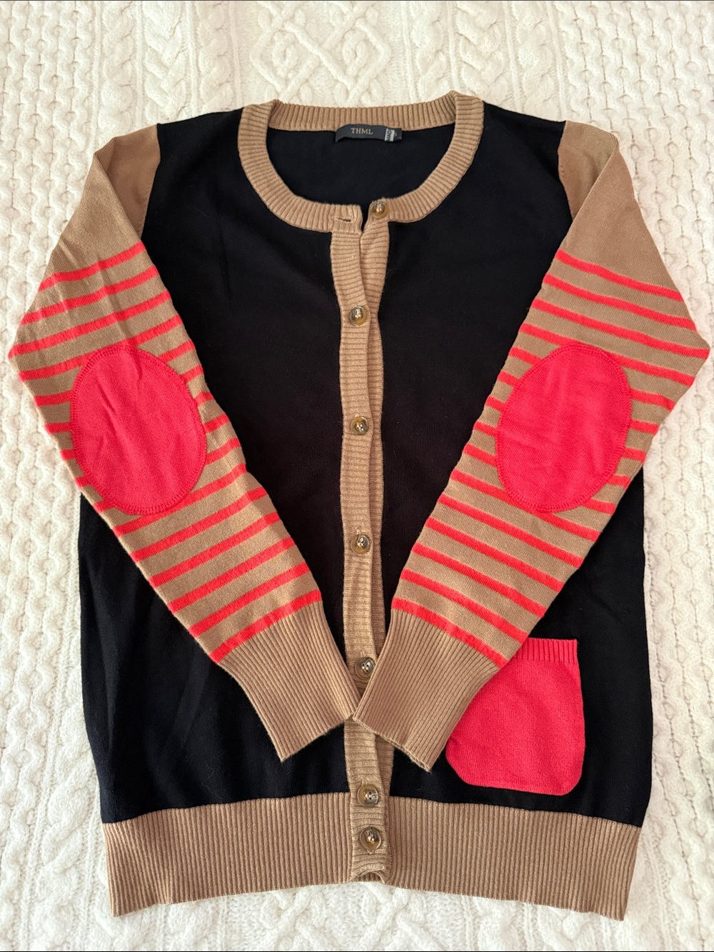 THML Black Cardigan with Tan Trim and Coral Accent Sleeves